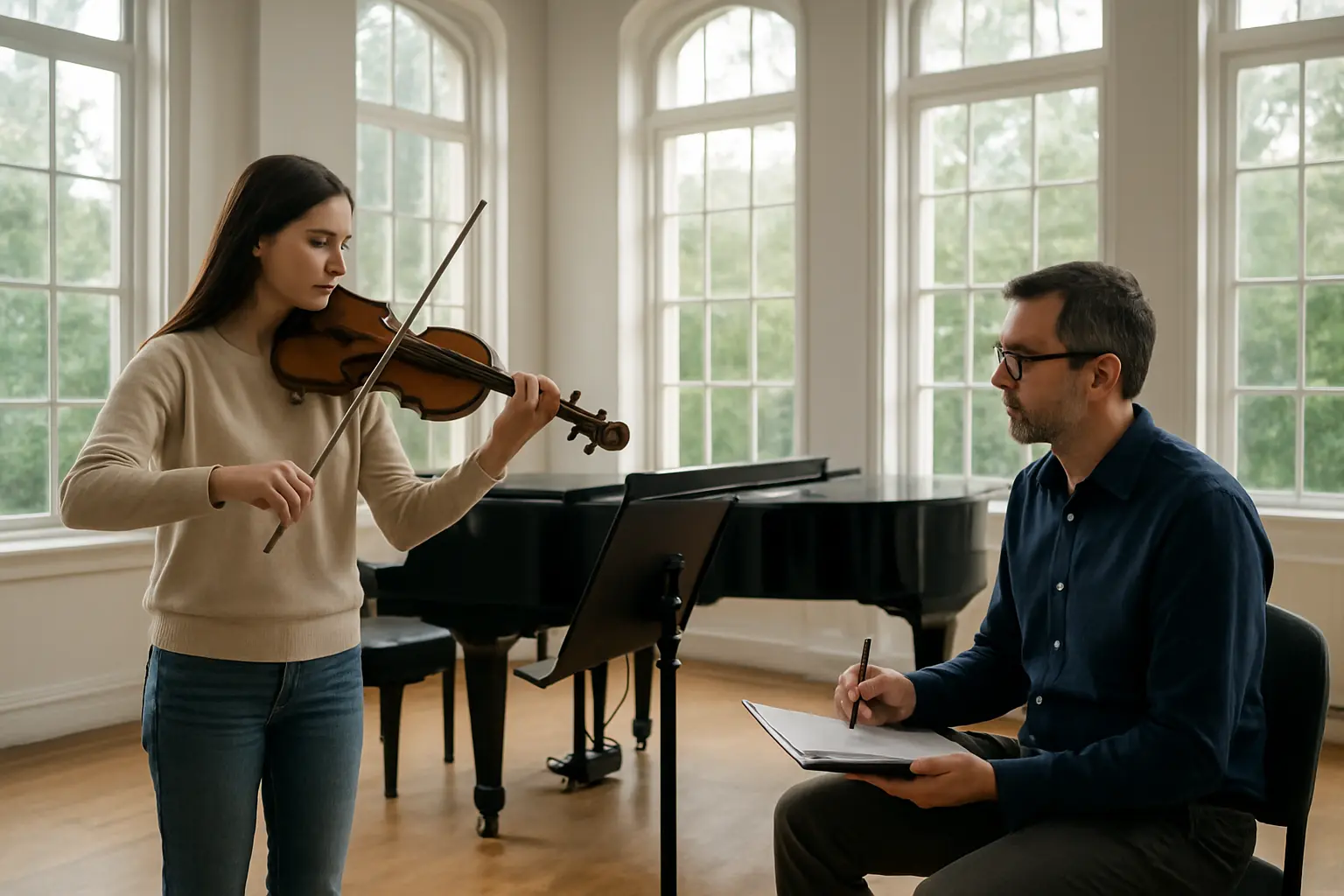 Aluna a ensaiar num estudio de conservatorio acompanhada por um professor orientador