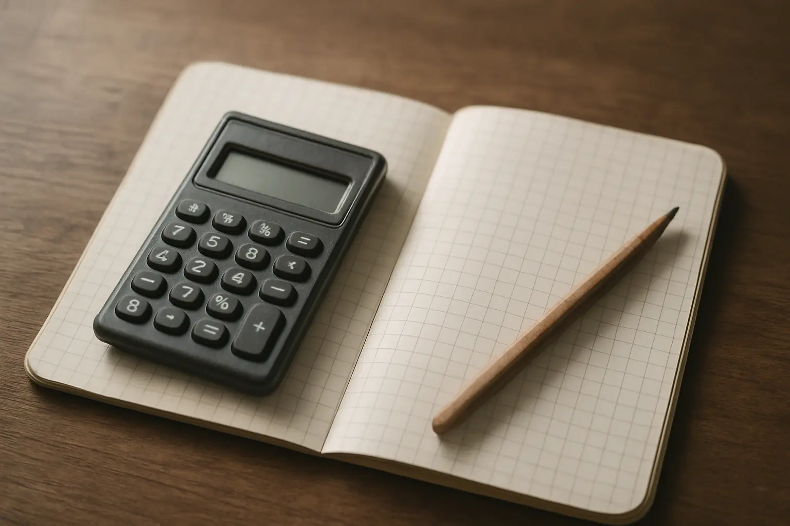 Calculadora de bolso pousada sobre um caderno quadriculado aberto, ao lado de um lápis