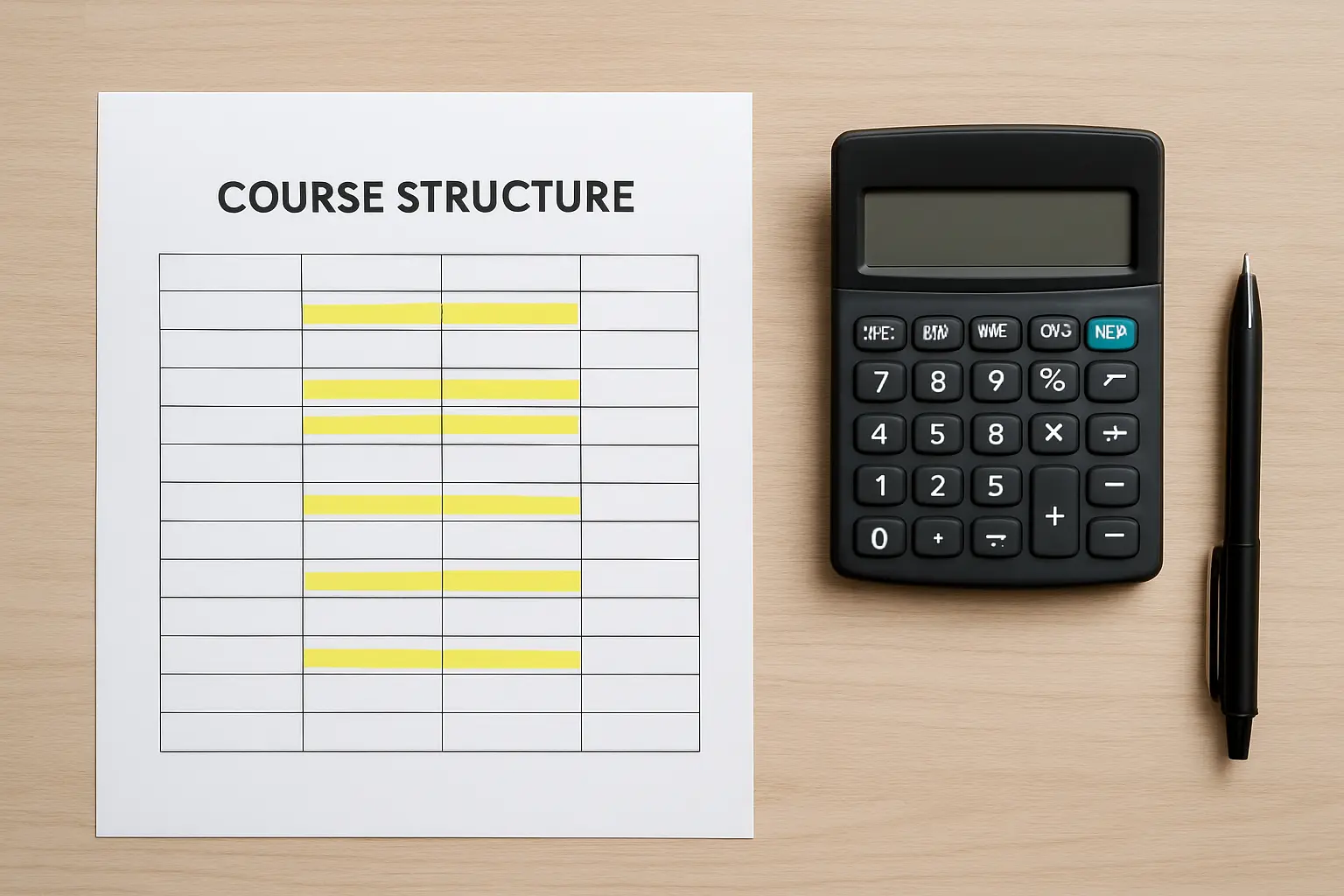 Plano curricular impresso com linhas assinaladas a marcador e uma calculadora ao lado