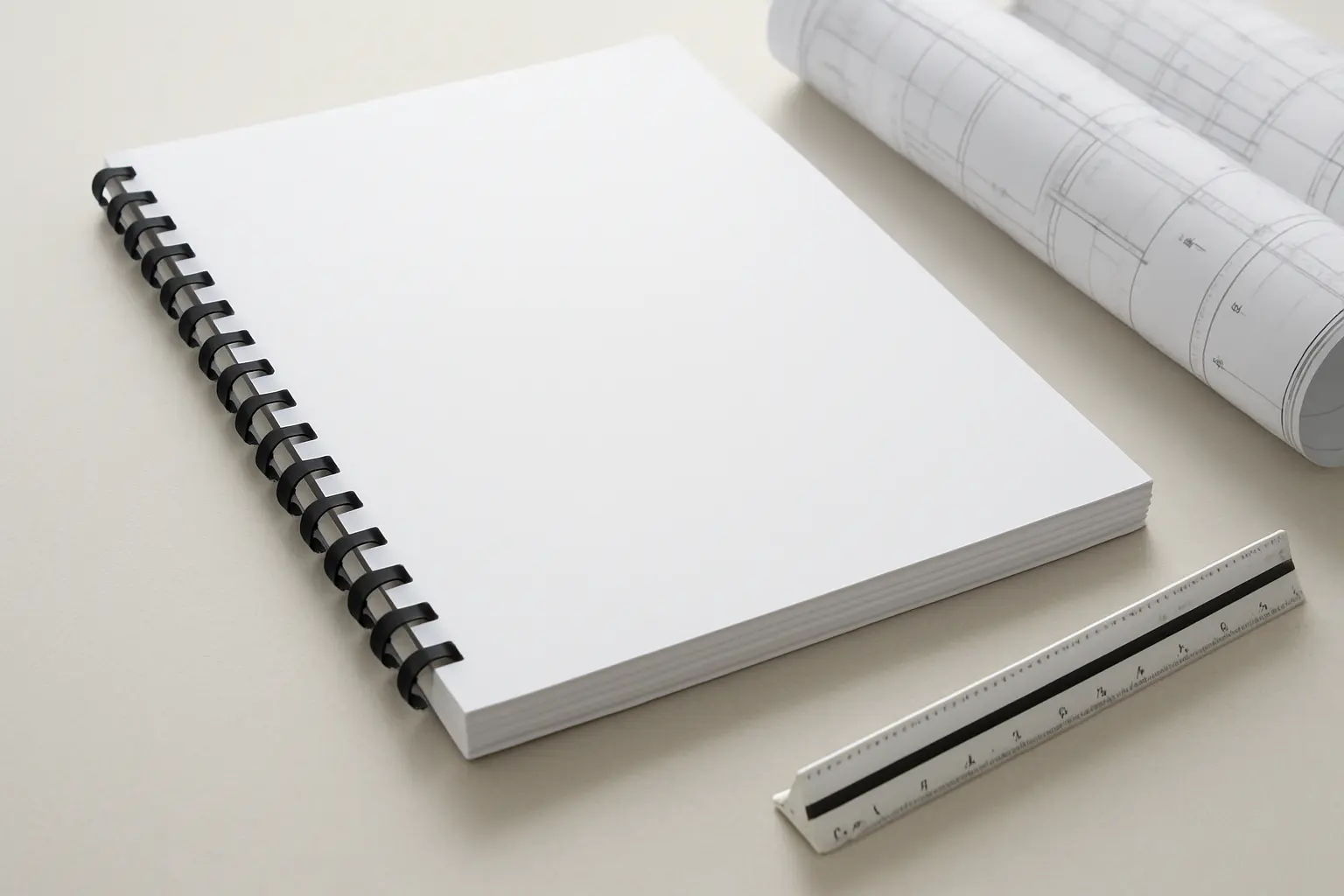 Documento encadernado em formato A4 pousado numa mesa ao lado de desenhos tecnicos