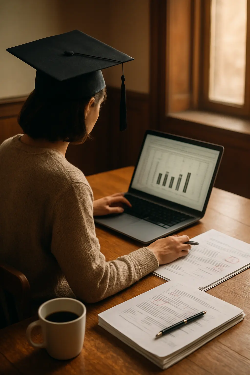Estudante a analisar pontuações de pré-teste e pós-teste no portátil com provas em papel ao lado