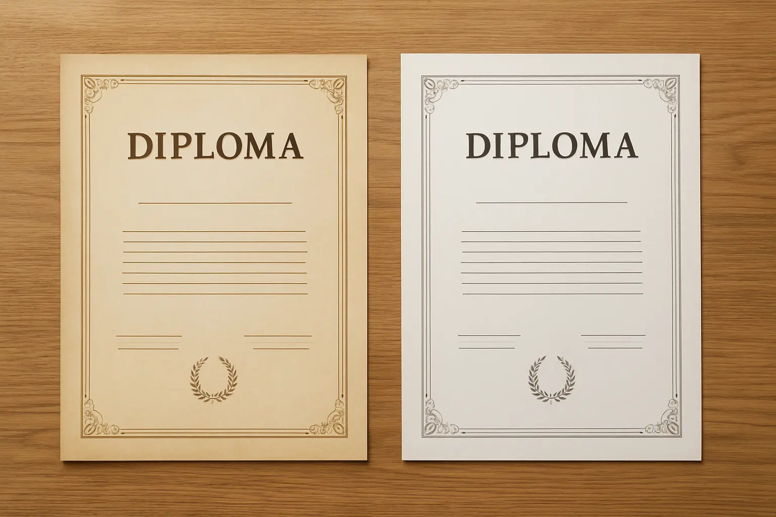 Dois diplomas academicos de epocas diferentes pousados lado a lado sobre uma mesa