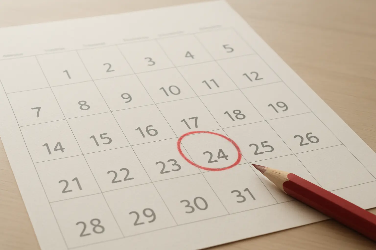 Calendário de parede com um dia assinalado a lápis vermelho e o lápis pousado ao lado