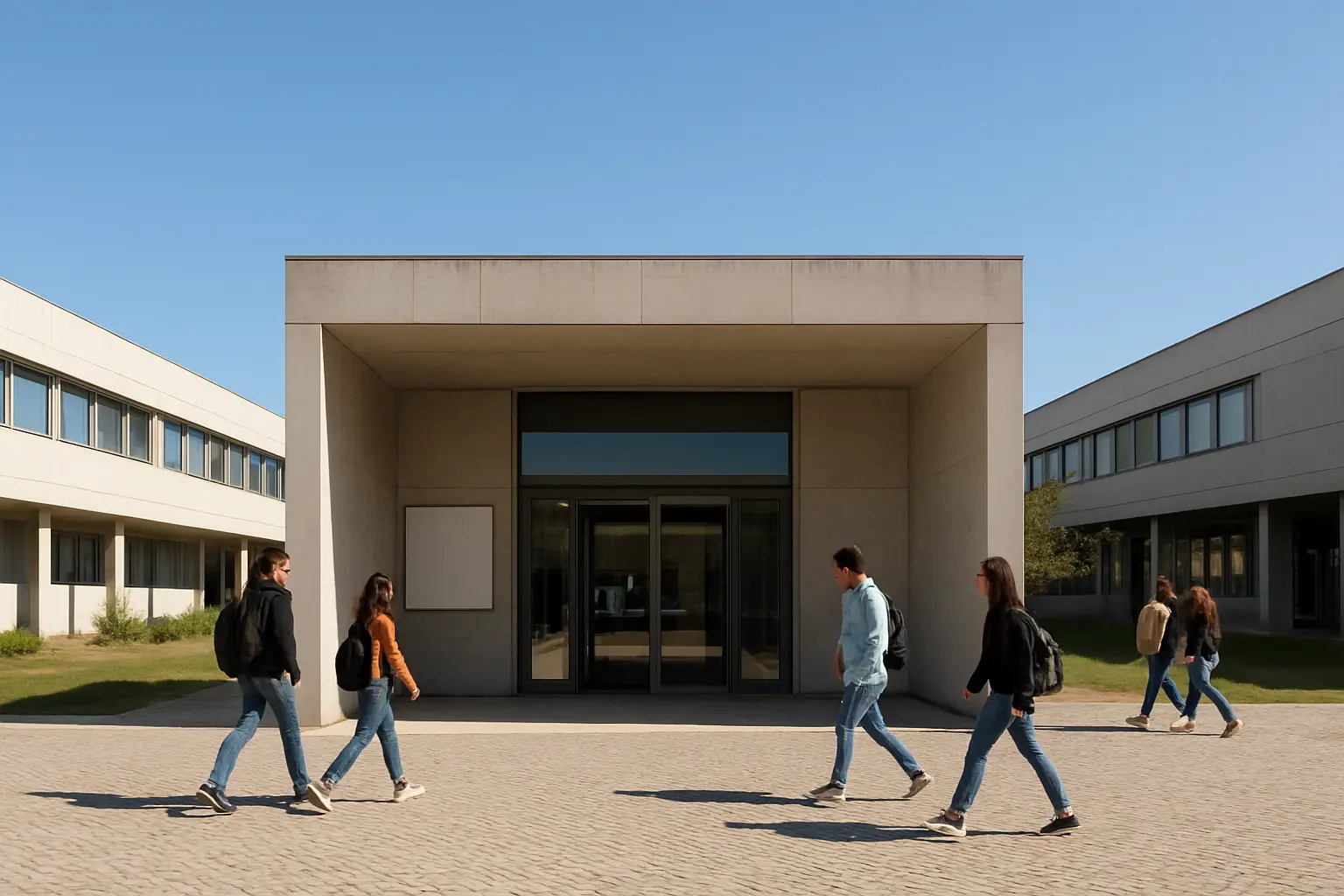 Entrada principal de um campus de ensino superior portugues com sinaletica