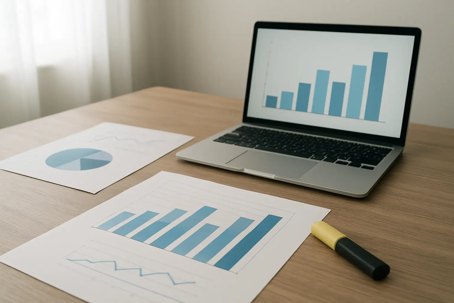 Secretaria com relatorios estatisticos impressos e um portatil com graficos de barras