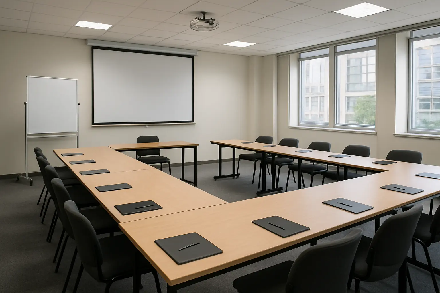 Sala de formacao equipada com mesas dispostas em U e um quadro branco