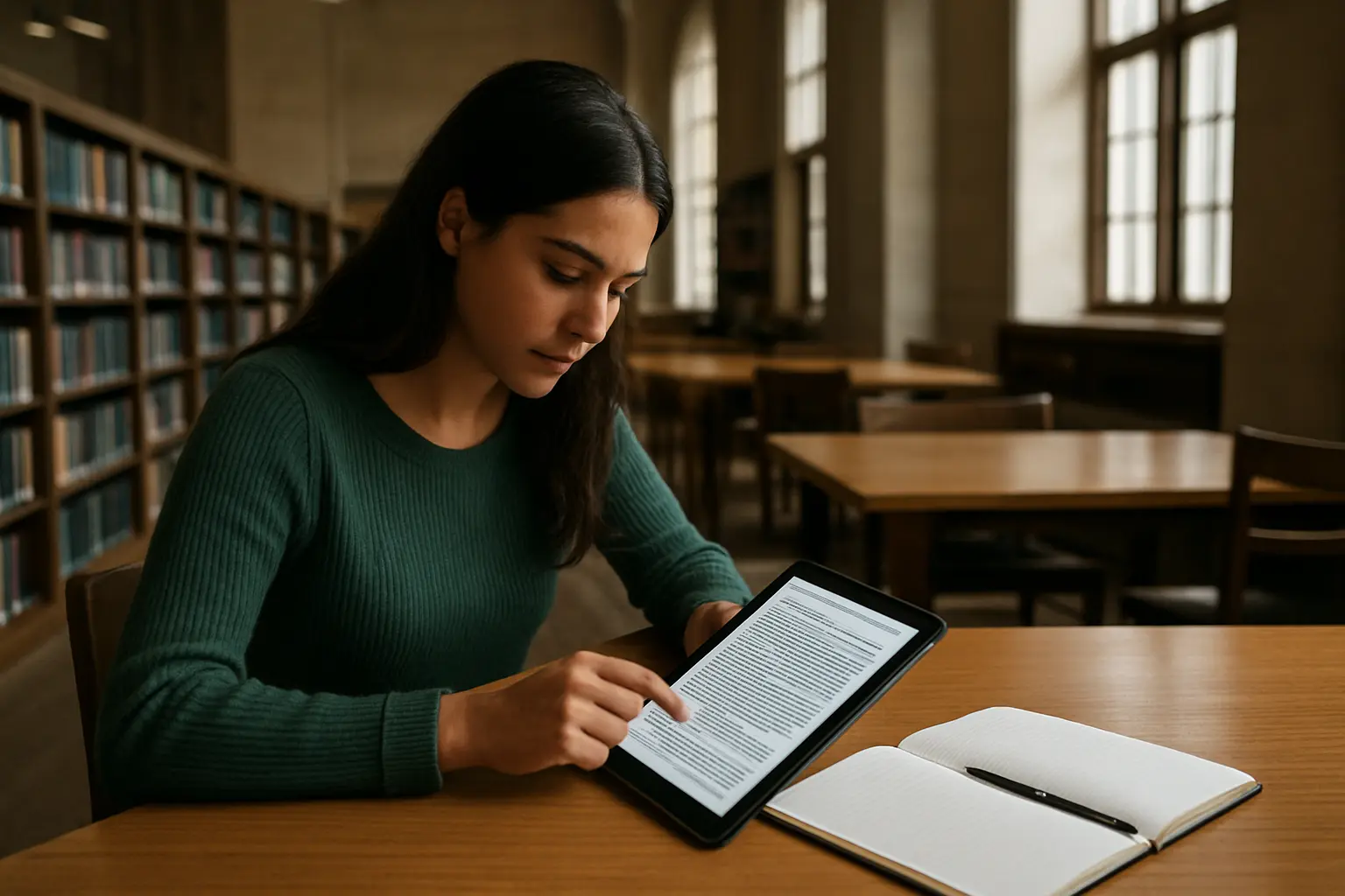 Estudante a ler um regulamento academico num tablet numa biblioteca