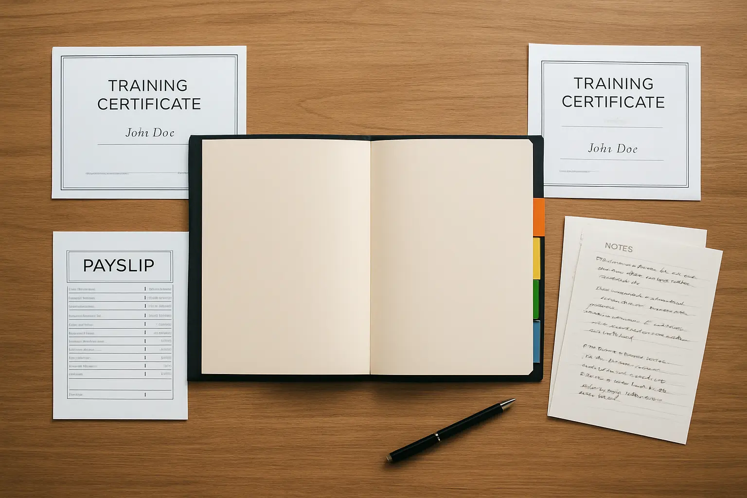 Pasta aberta com separadores por area de competencia, recibos de vencimento, certificados de formacao e notas manuscritas