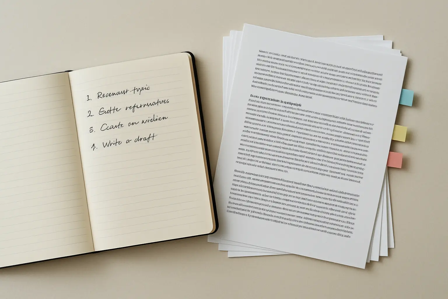 Caderno com notas de leitura numeradas ao lado de artigos impressos com marcadores