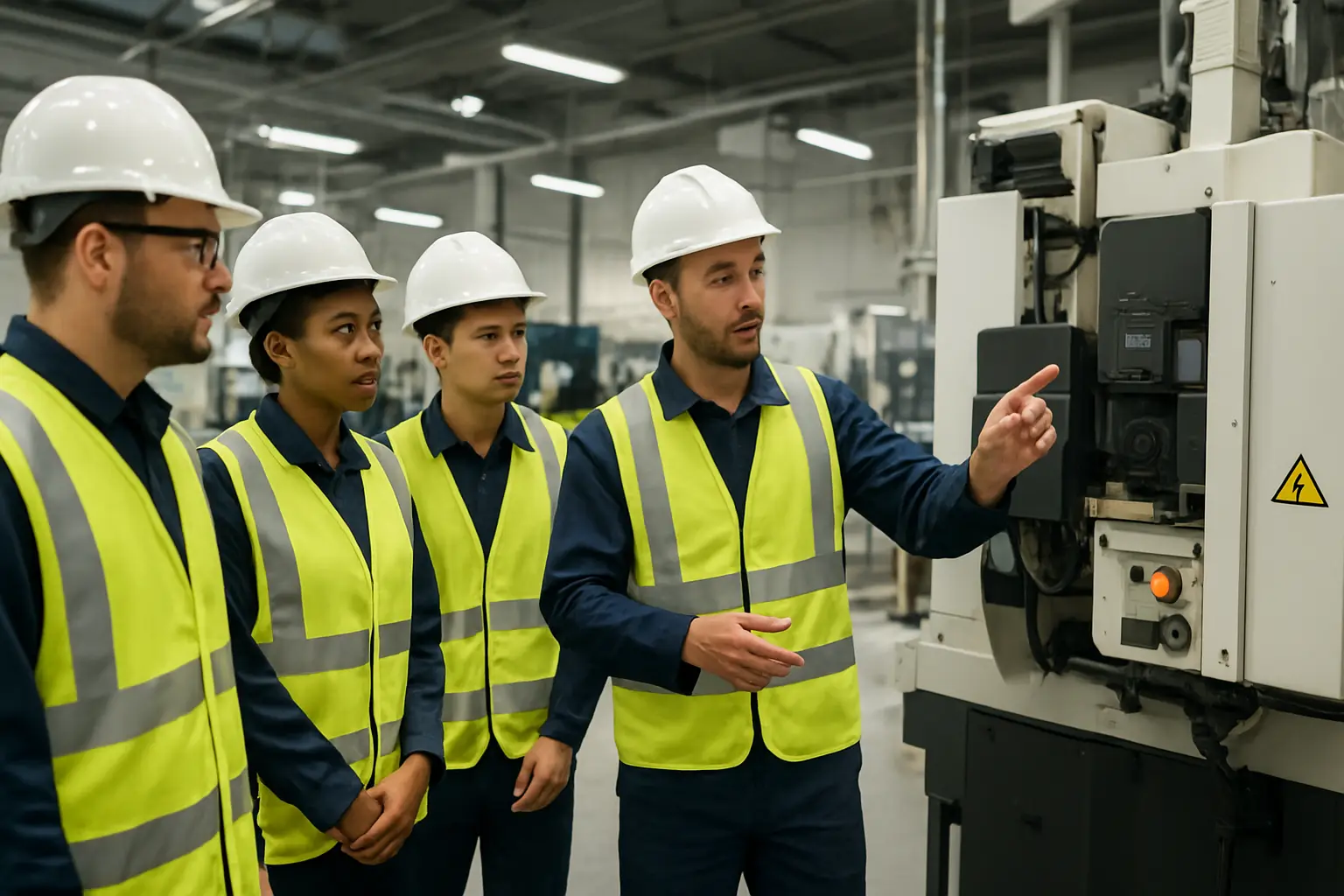 Trabalhadores a receber formacao junto a equipamento numa unidade industrial