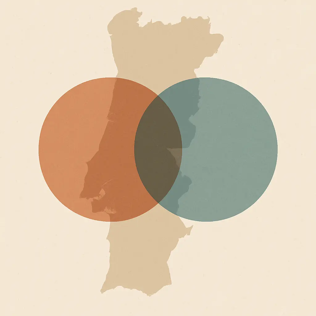 Dois círculos parcialmente sobrepostos sobre um mapa de Portugal