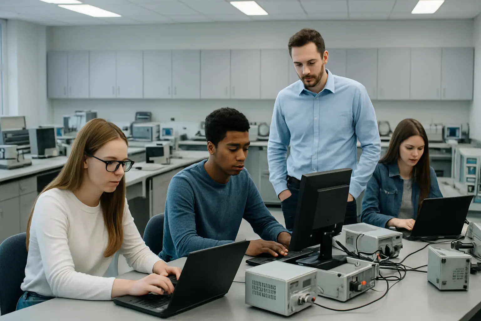 Estudantes a trabalhar em bancadas de laboratorio tecnico num instituto politecnico