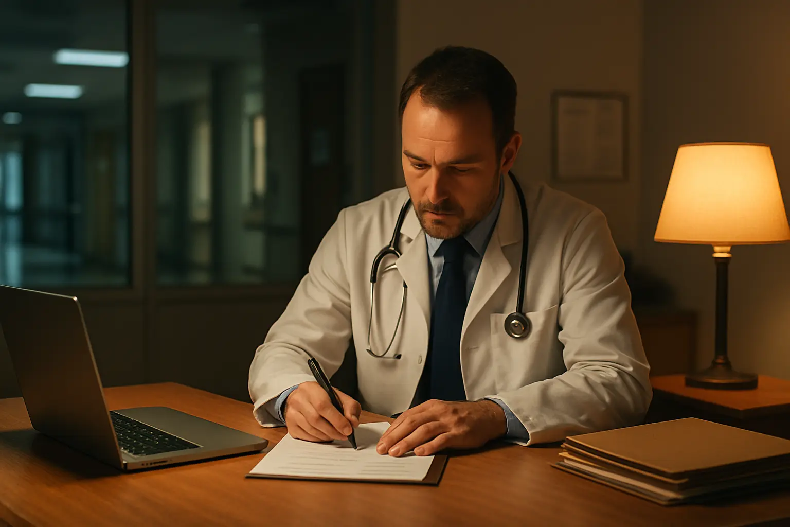 Medico interno a redigir o relatorio de atividades no fim de um estagio