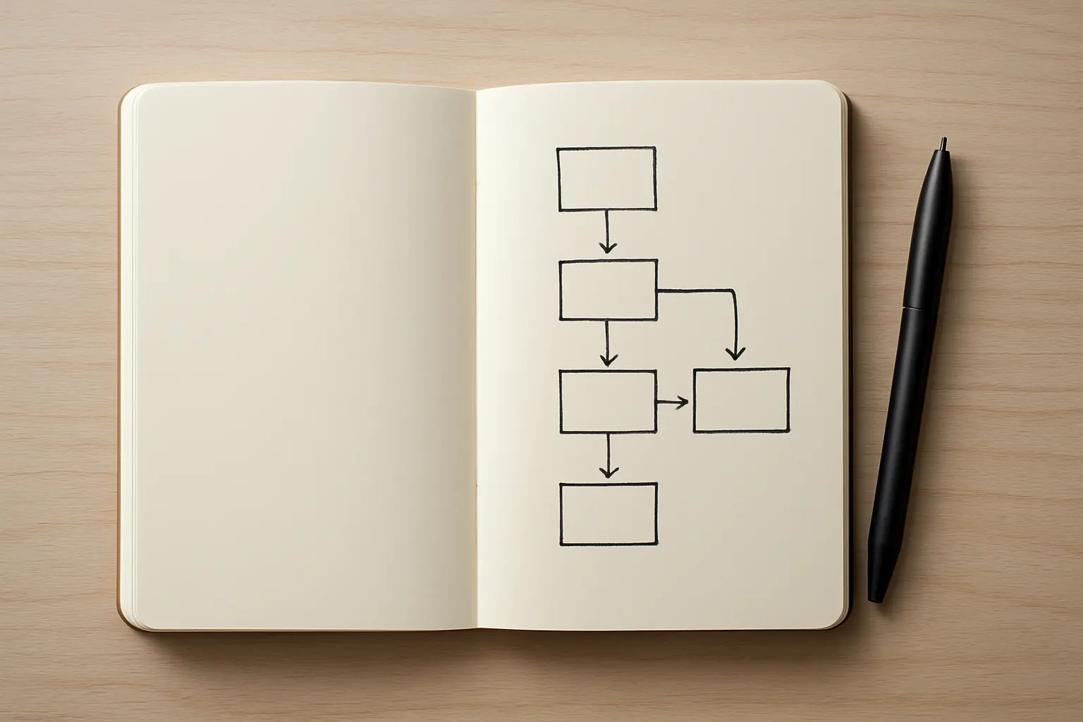 Caderno com um percurso desenhado a mao com caixas e setas ligadas