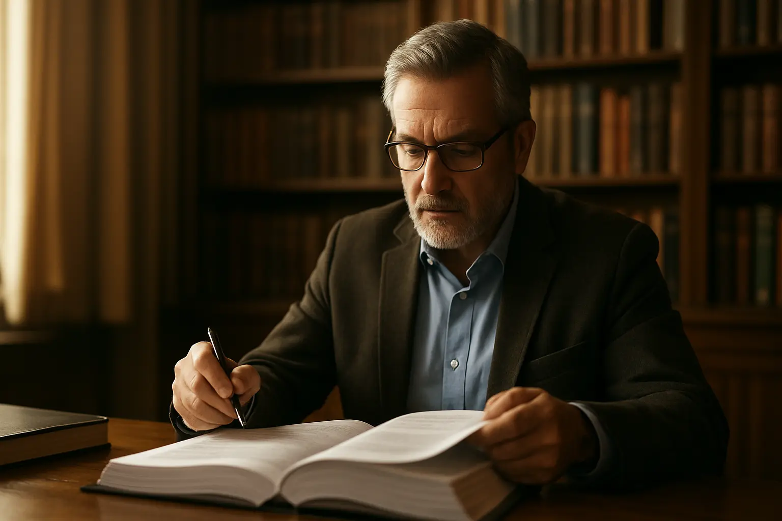 Profissional de meia-idade a rever um dossie de trabalho num escritorio com estantes