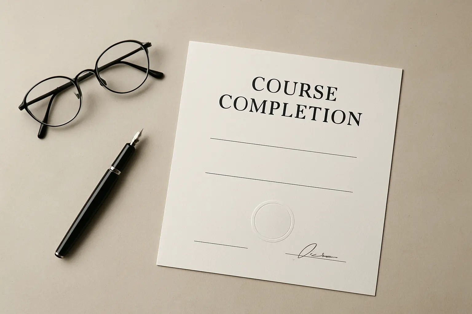 Diploma de curso pousado numa mesa ao lado de oculos e uma caneta