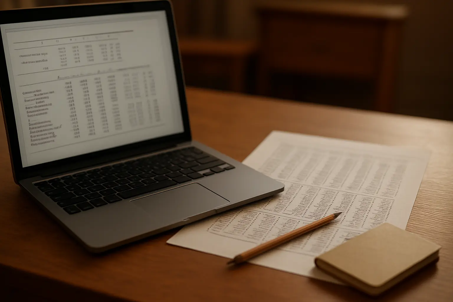 Ecrã com output estatístico ao lado de uma tabela de resultados impressa
