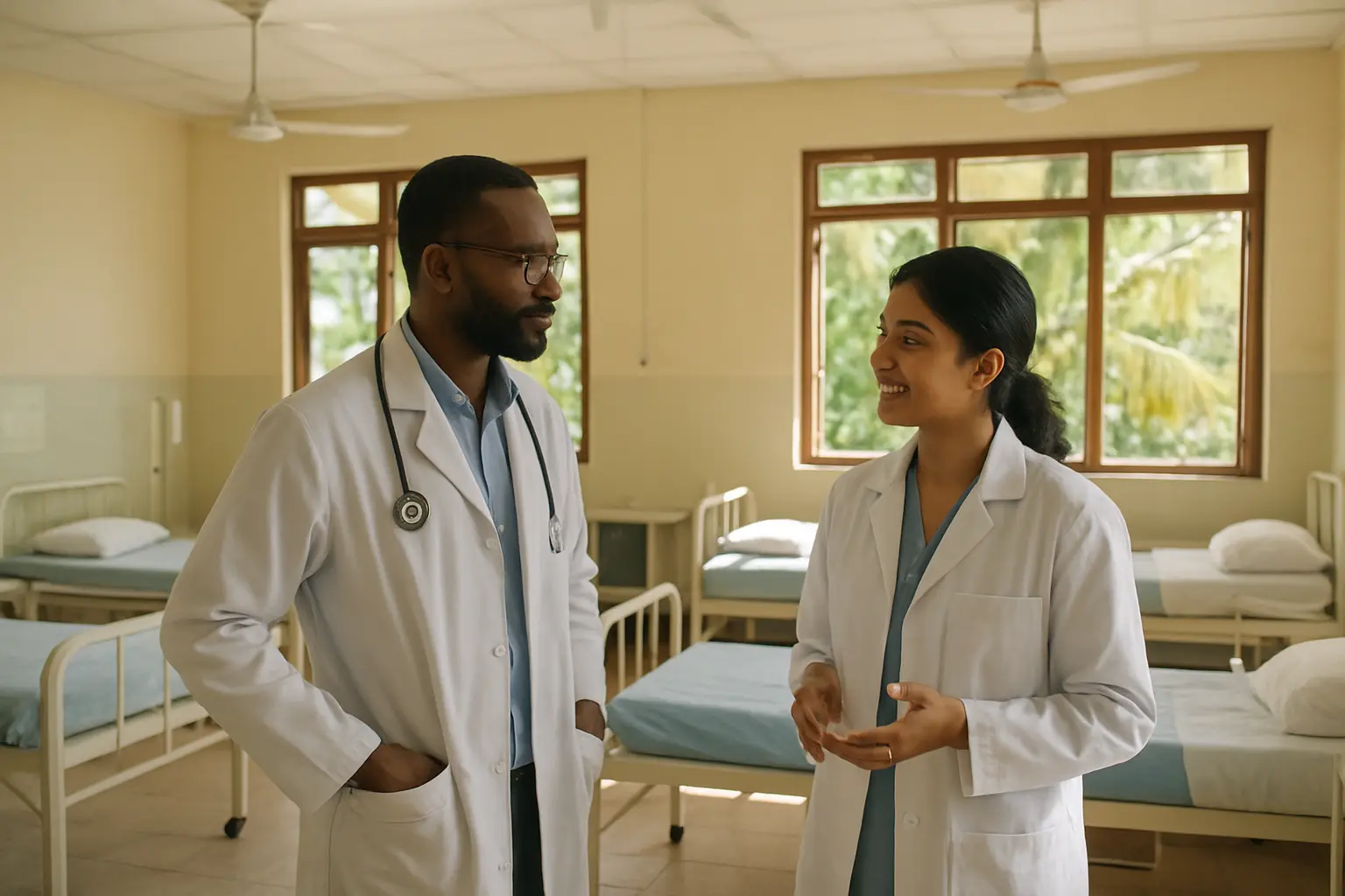 Dois medicos em conversa numa enfermaria durante um estagio de intercambio