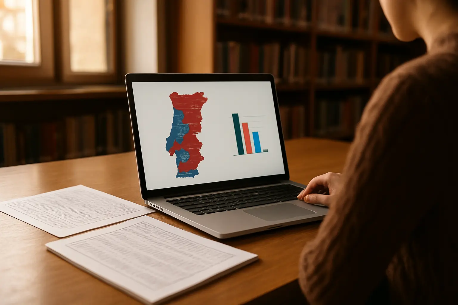 Estudante a analisar um mapa eleitoral e tabelas de resultados no portátil numa biblioteca universitária