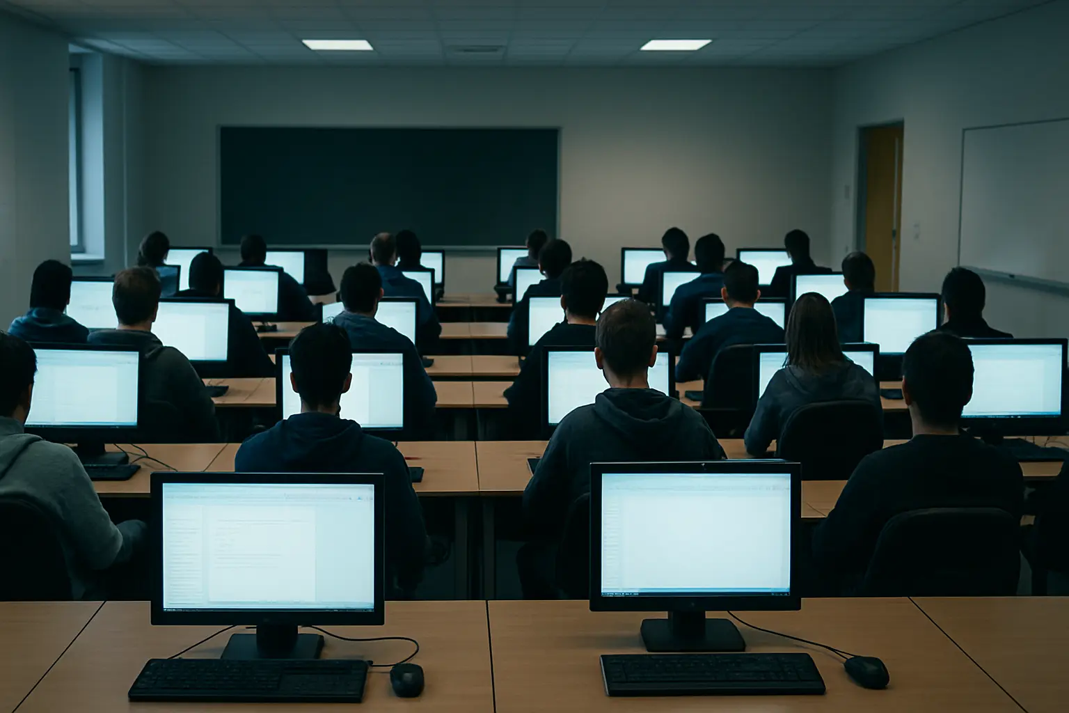 Estudantes sentados em fila num laboratorio de informatica universitario