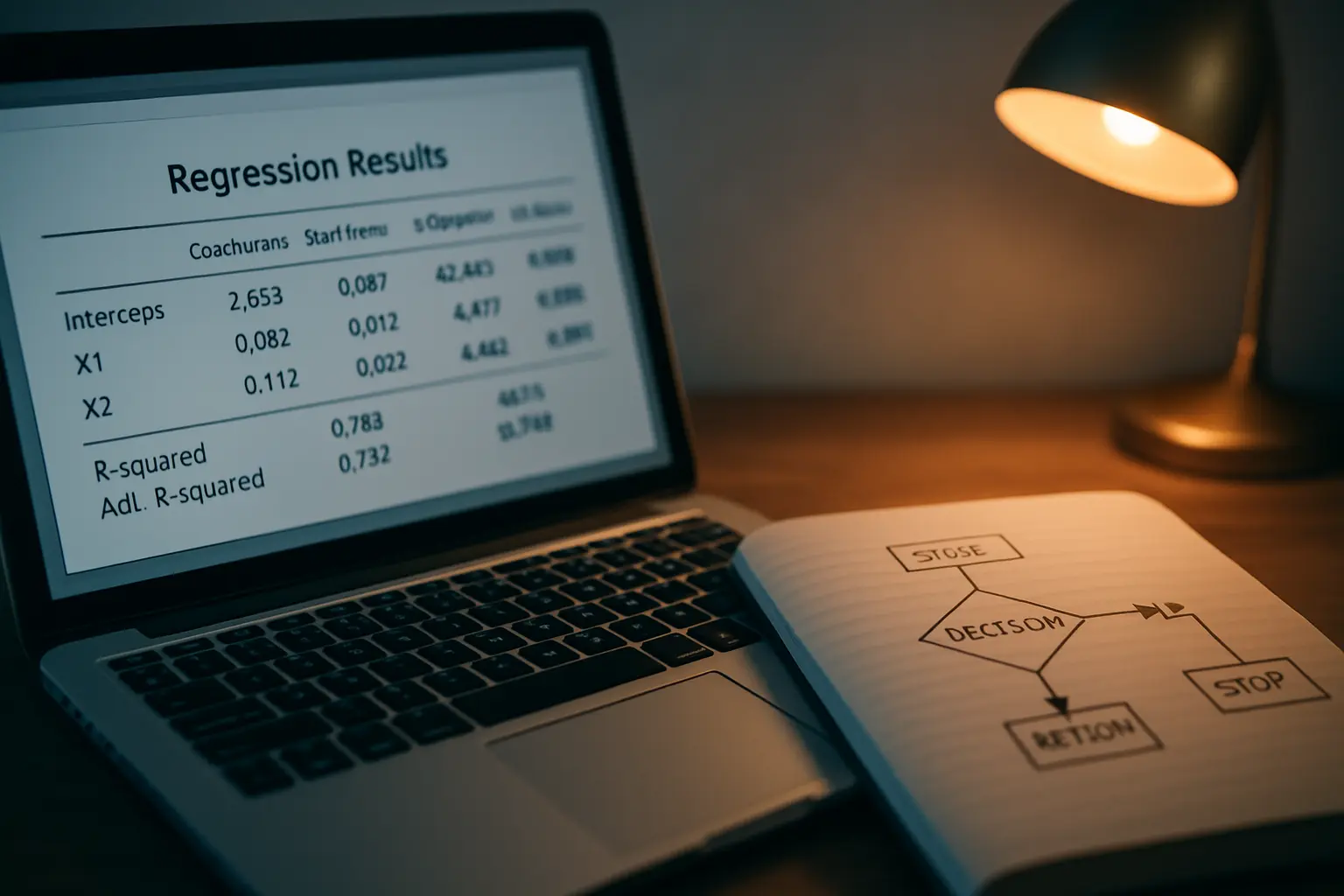 Consola de software estatístico com resultados de regressão e um fluxograma de decisão desenhado à mão