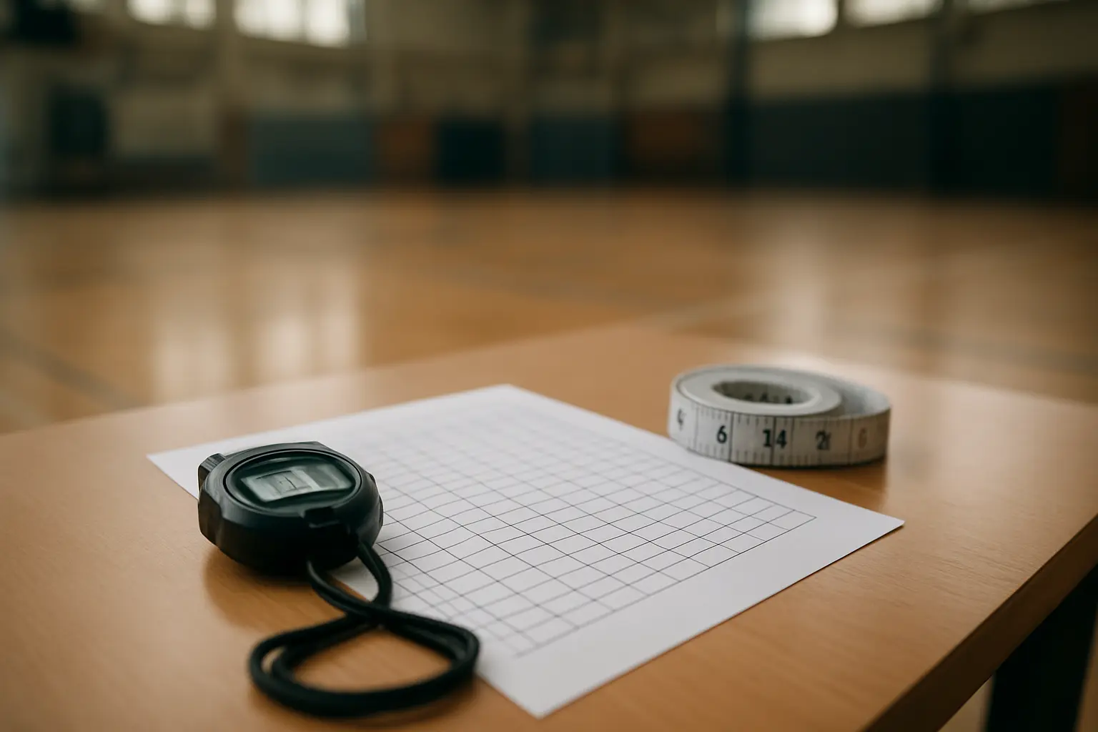 Equipamento de teste de aptidão física numa bancada de ginásio universitário