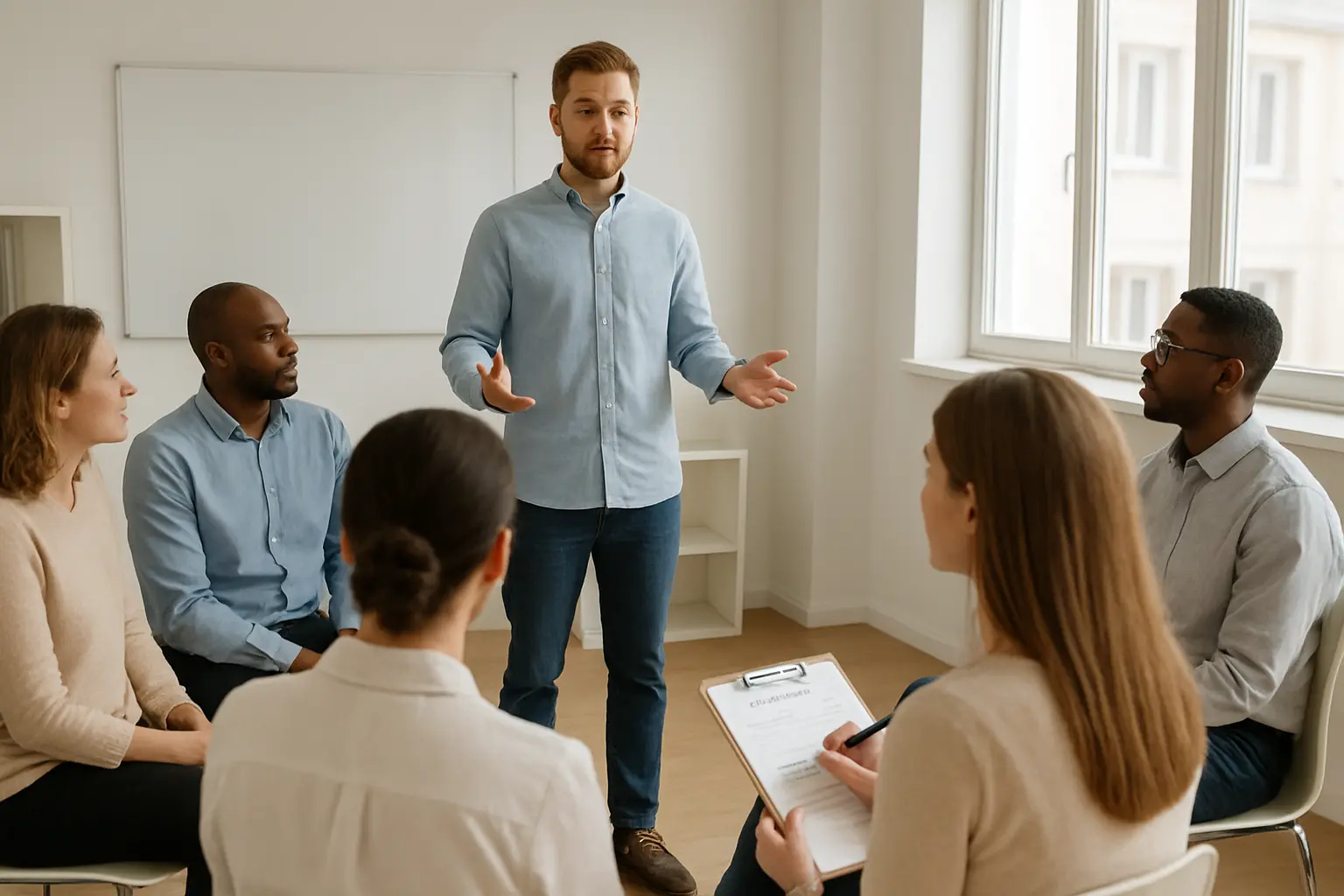 Formando a apresentar uma simulacao pedagogica perante colegas e formador numa sala de aula
