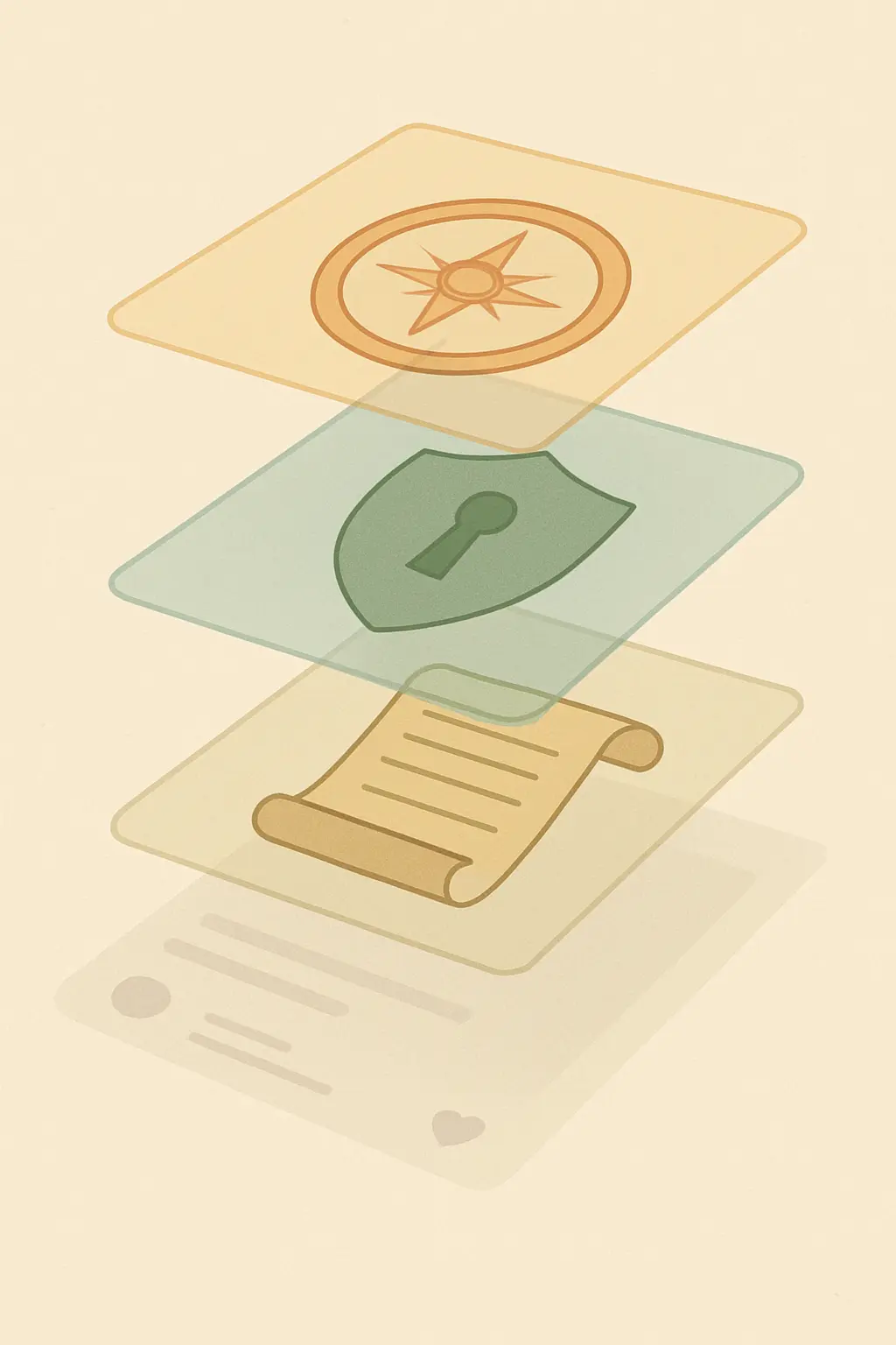 Três camadas sobre um feed: contrato, escudo de proteção e bússola ética