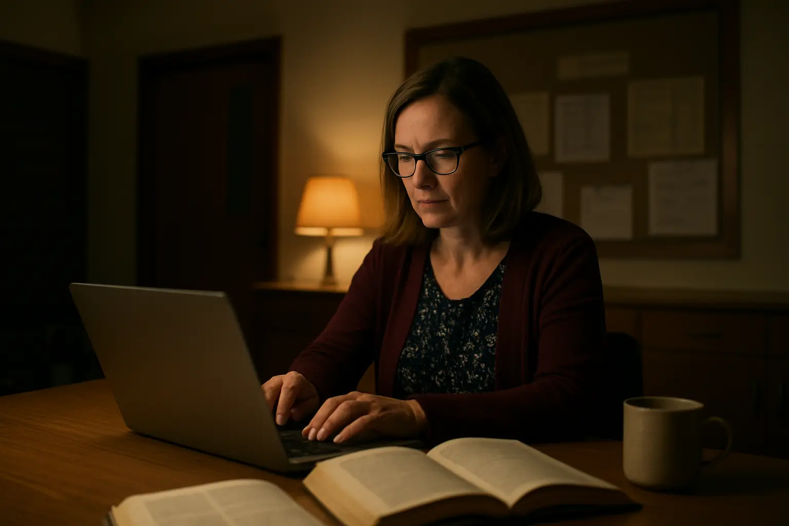 Professora a escrever num portatil com livros de referencia abertos ao lado