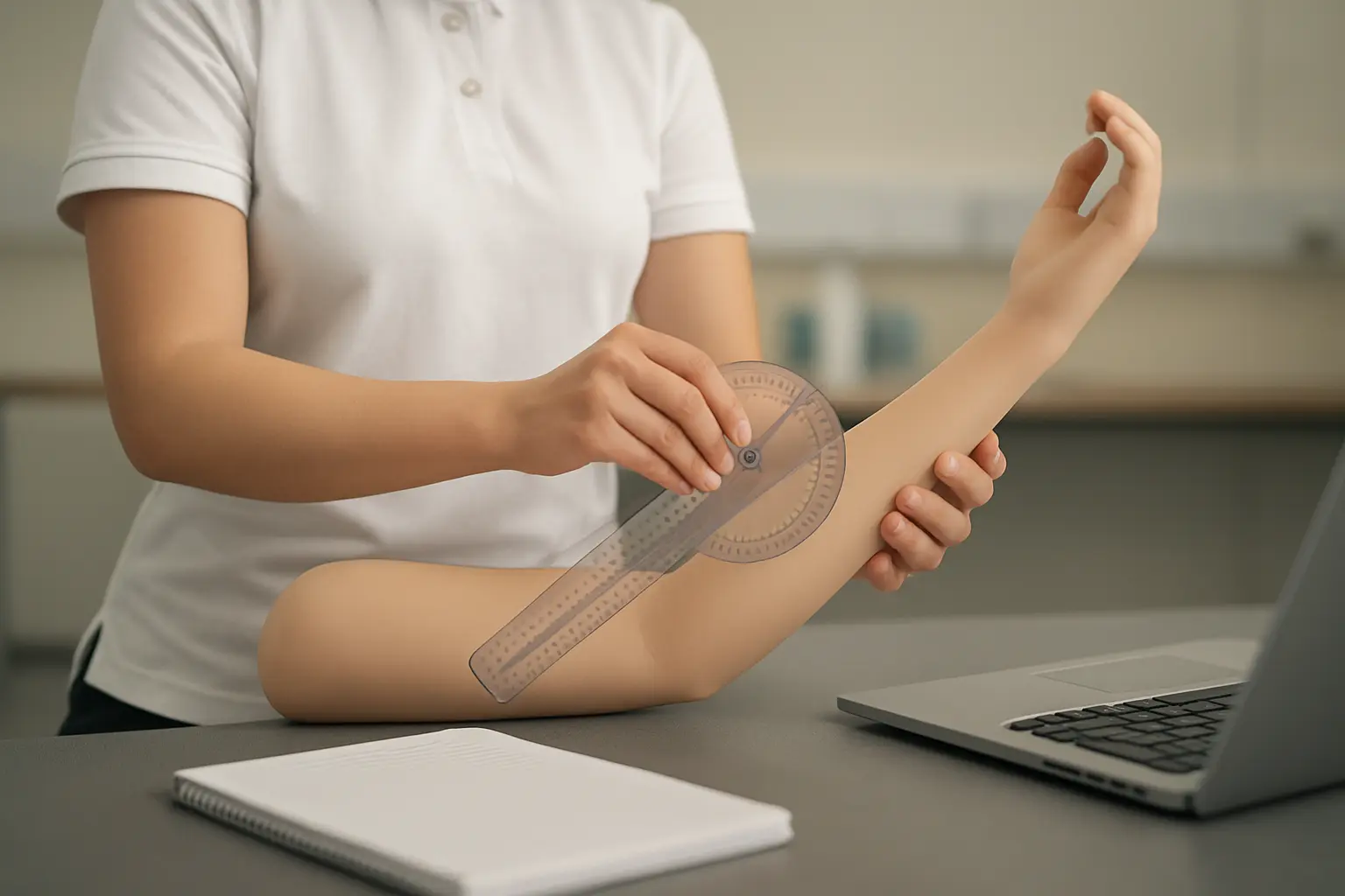 Estudante de Fisioterapia a usar um goniómetro num laboratório de competências clínicas universitário