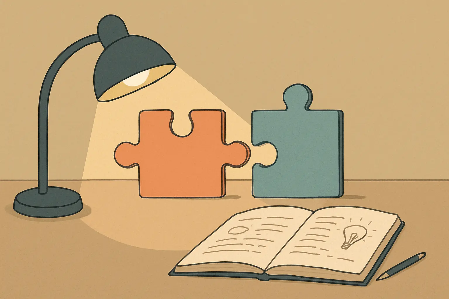 Duas peças de puzzle que não encaixam, examinadas junto a um caderno de notas
