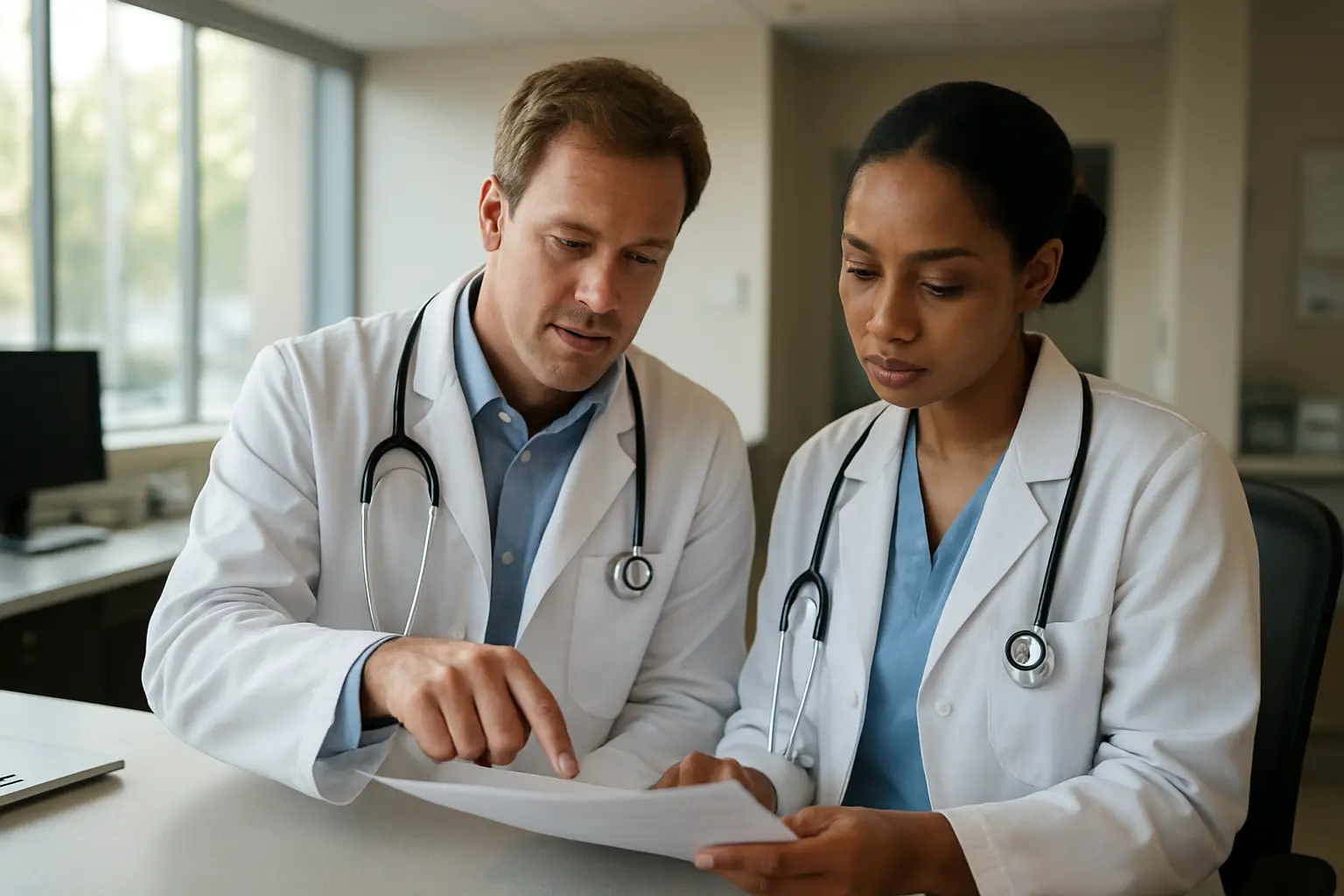 Orientador de formacao e medico interno a rever um documento juntos