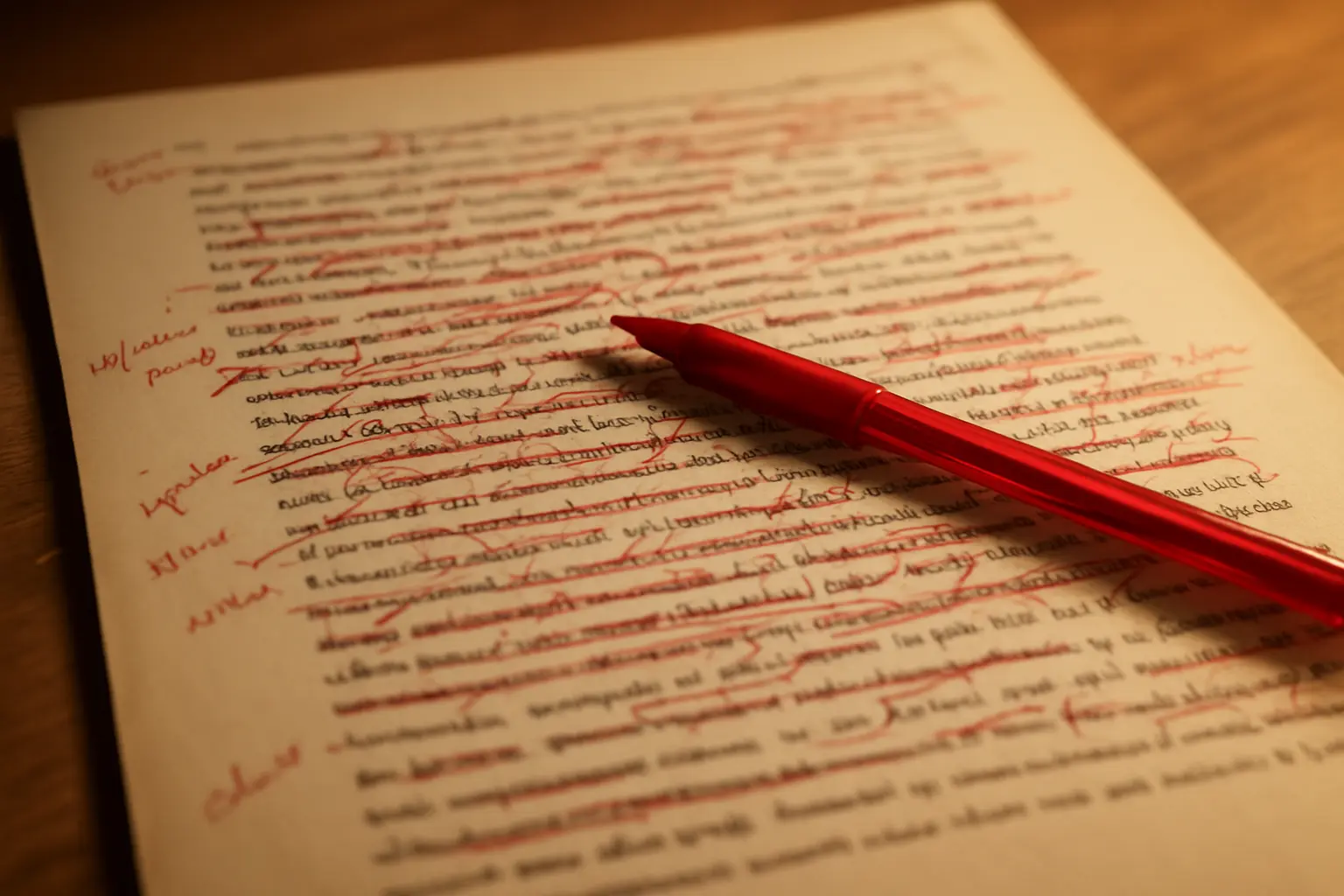 Pagina impressa com paragrafos riscados e reescritos a caneta na margem