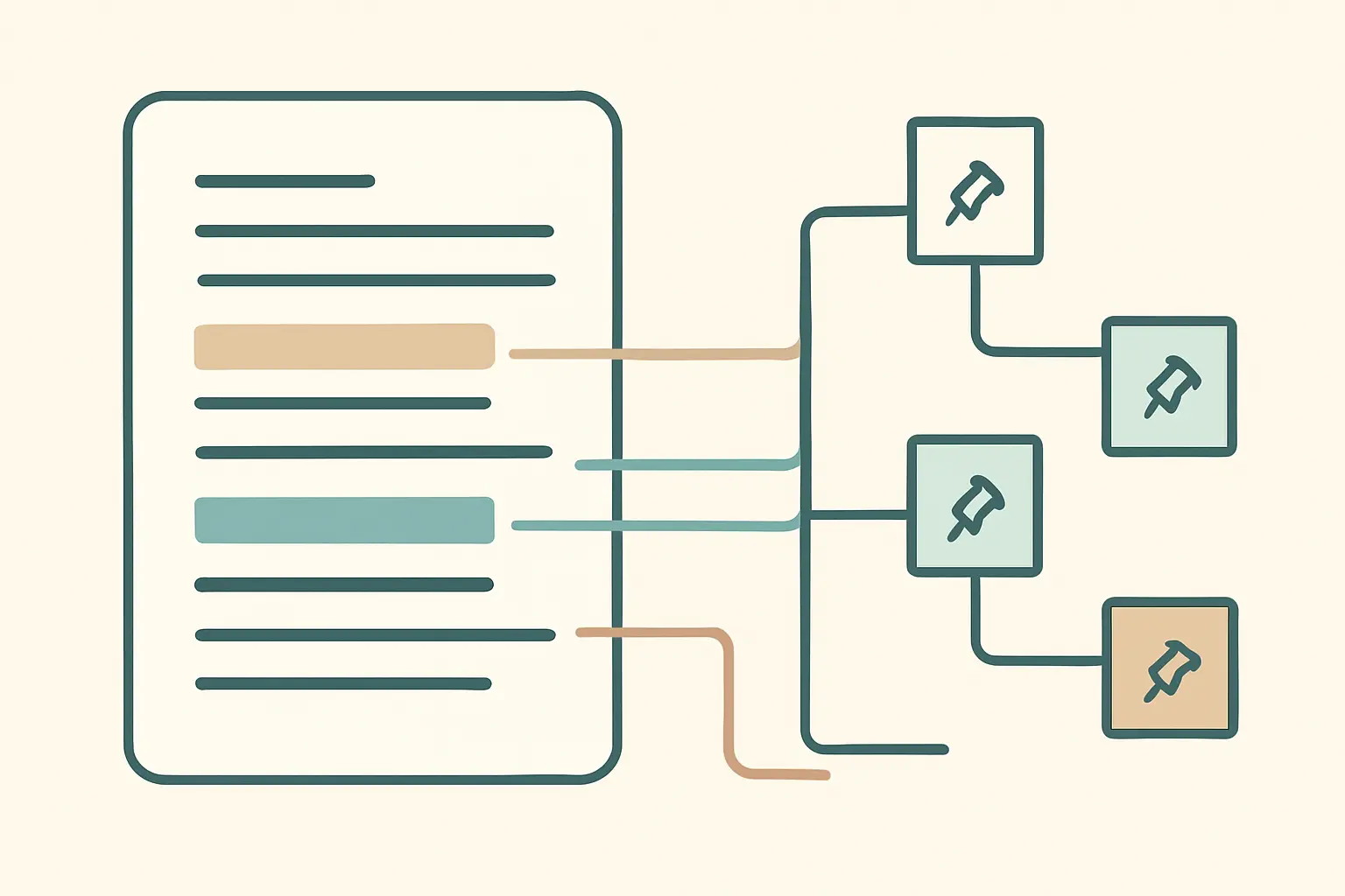 Diagrama de codificação qualitativa com excertos destacados ligados a uma árvore de códigos