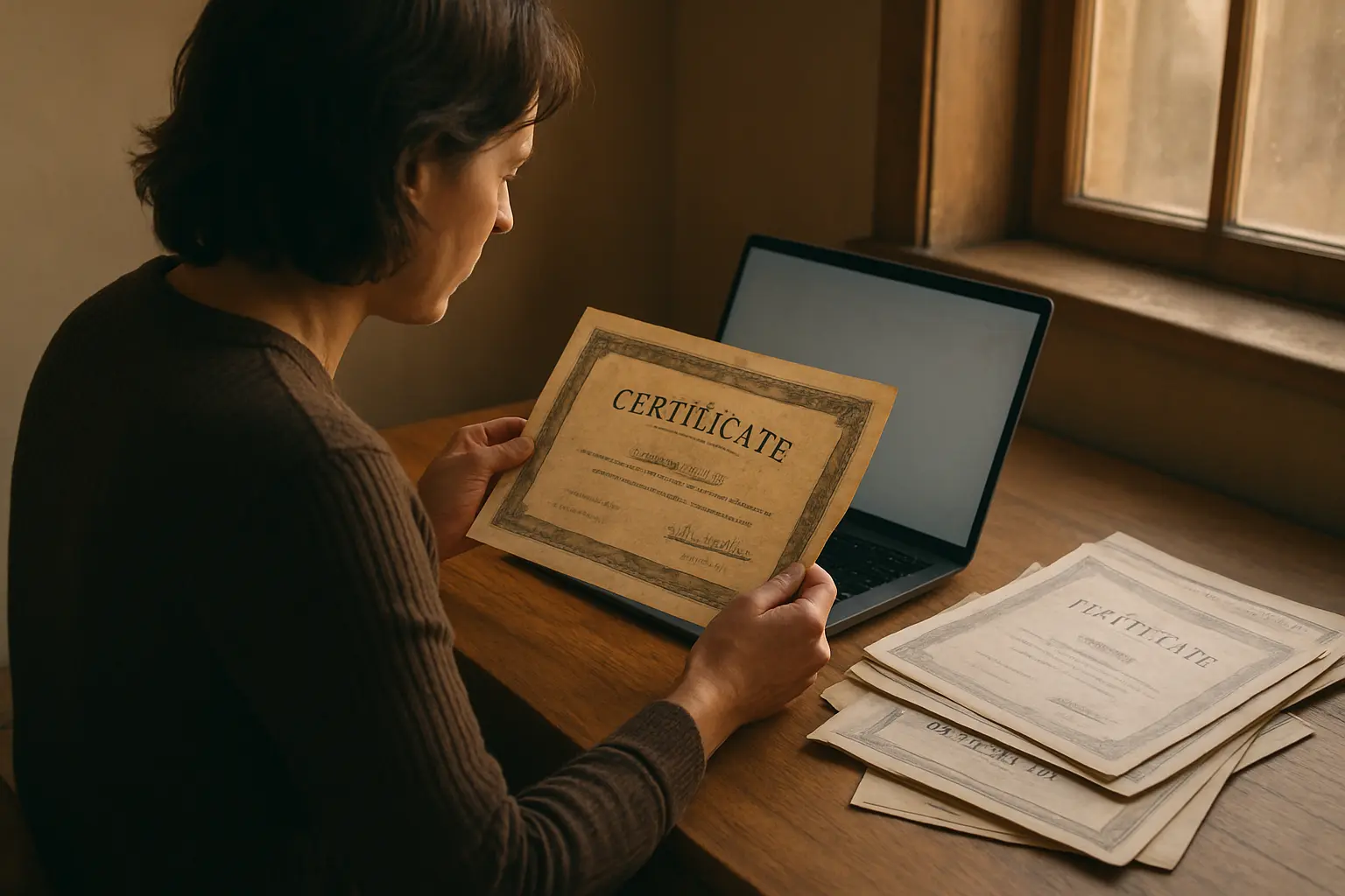 Pessoa a consultar um registo pessoal num portatil com certificados antigos ao lado