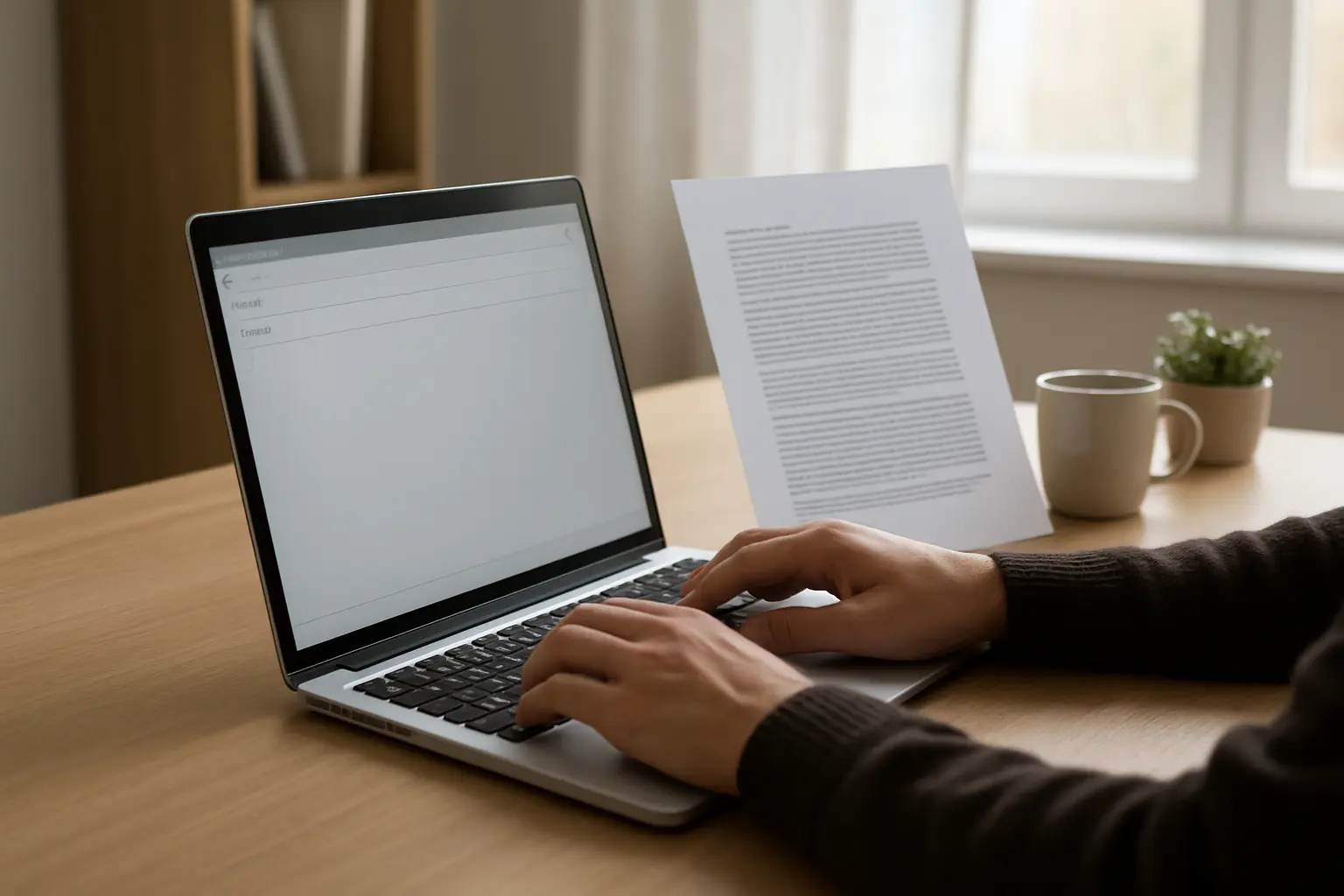 Pessoa a escrever um email formal num portatil com documentos ao lado
