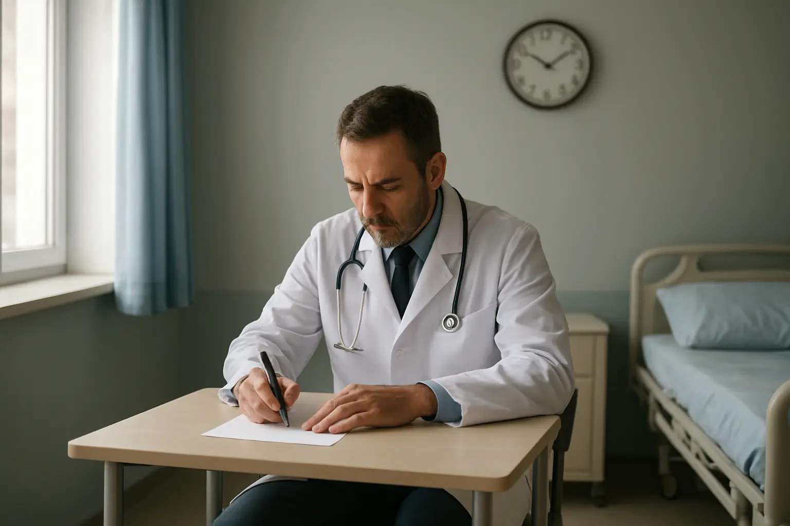 Medico a redigir a historia clinica numa sala com um relogio de parede ao fundo