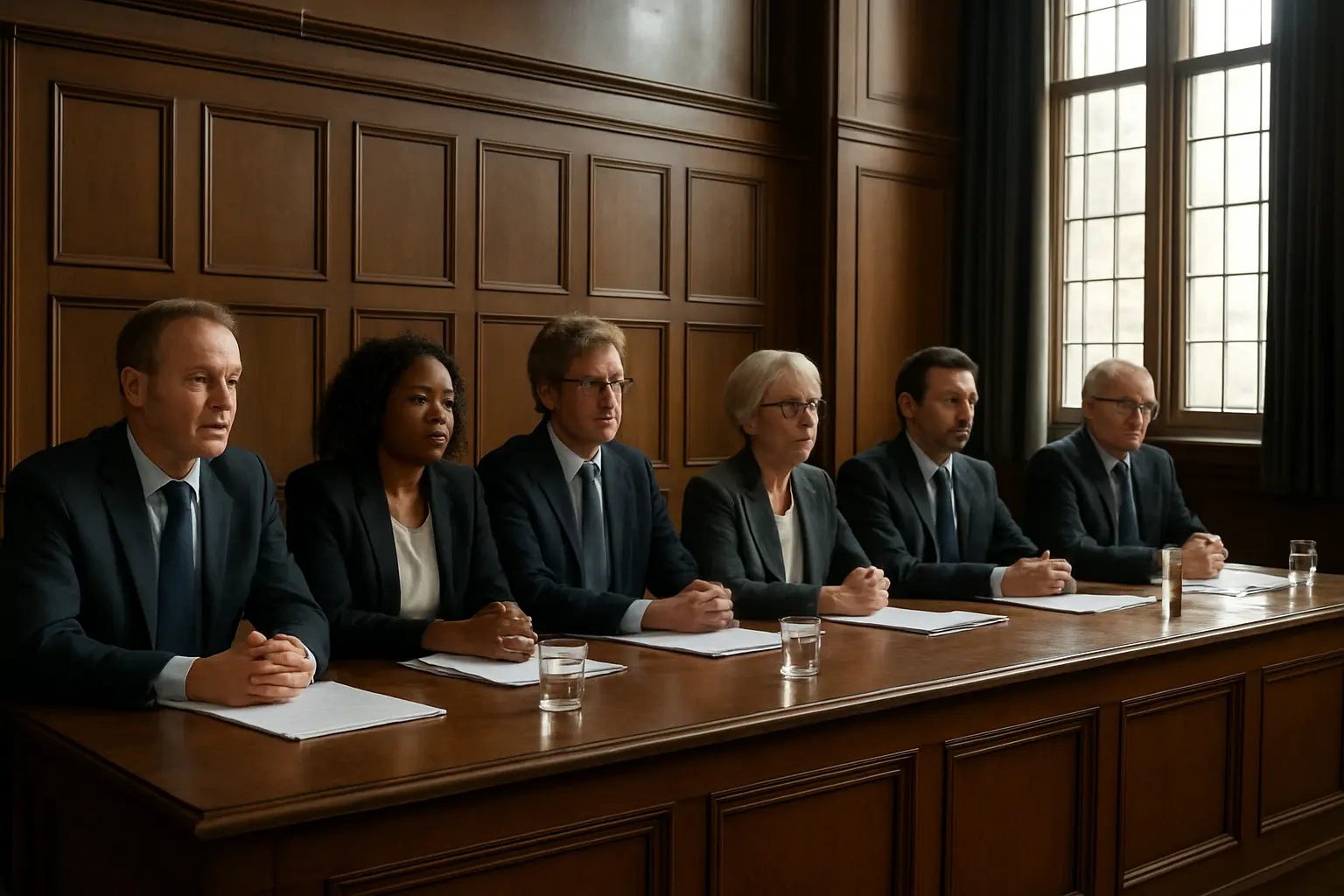 Painel alargado de avaliadores sentados a uma mesa comprida numa sala academica
