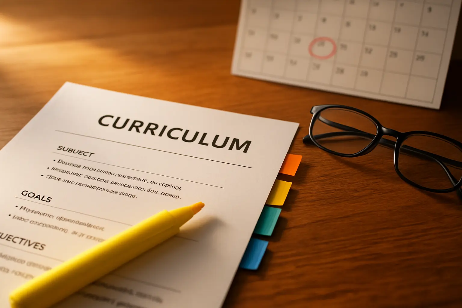 Documento curricular impresso com separadores coloridos e um calendário com data assinalada