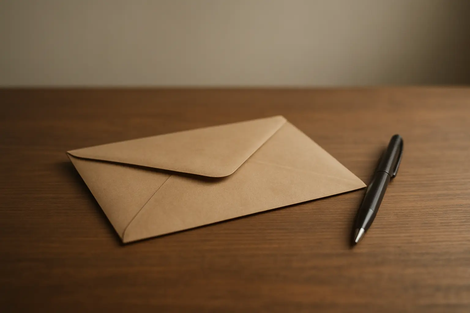 Envelope de papel selado sobre uma mesa junto a uma caneta