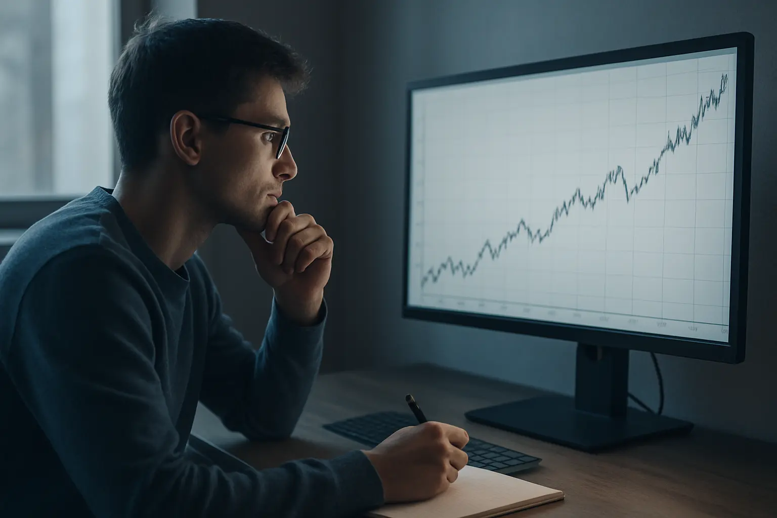 Estudante a analisar uma série temporal com tendência e sazonalidade