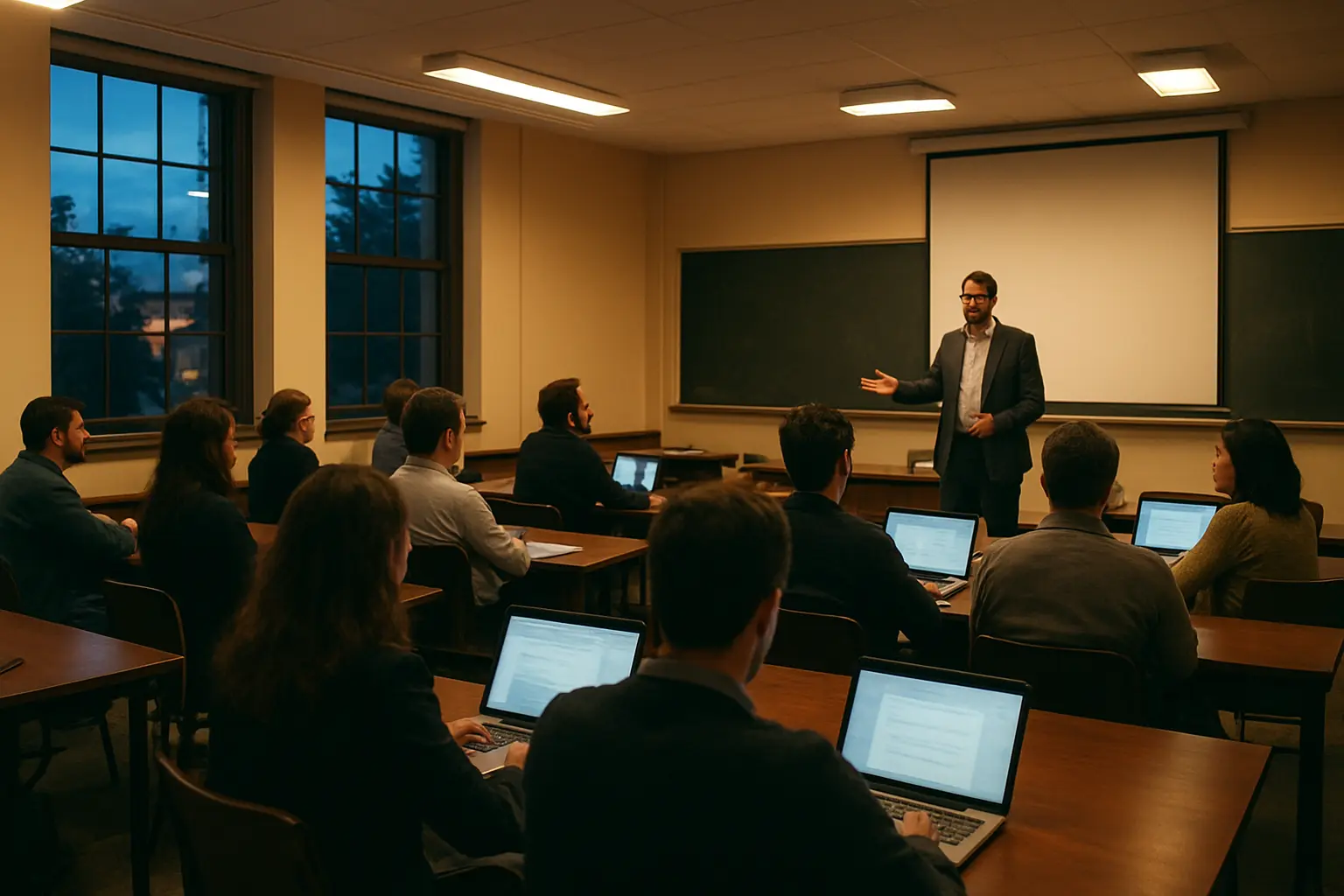 Sala de aula universitaria com profissionais adultos em aula ao final do dia