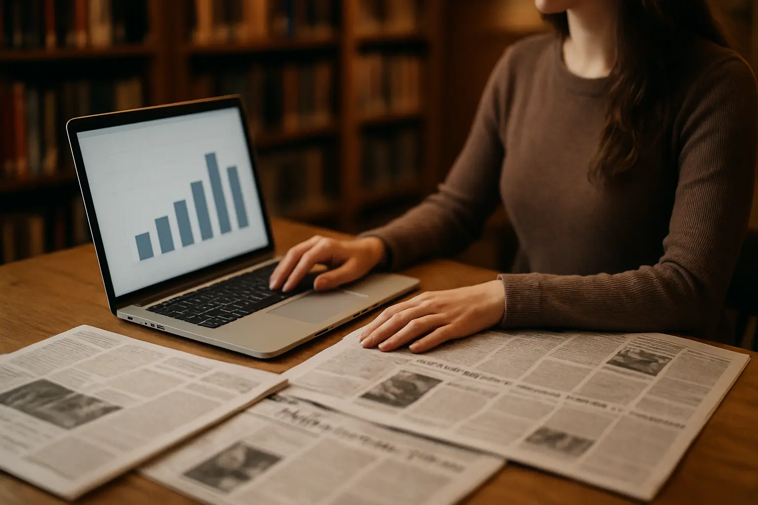 Estudante de Comunicação a analisar capas de jornal e um gráfico de temas em destaque