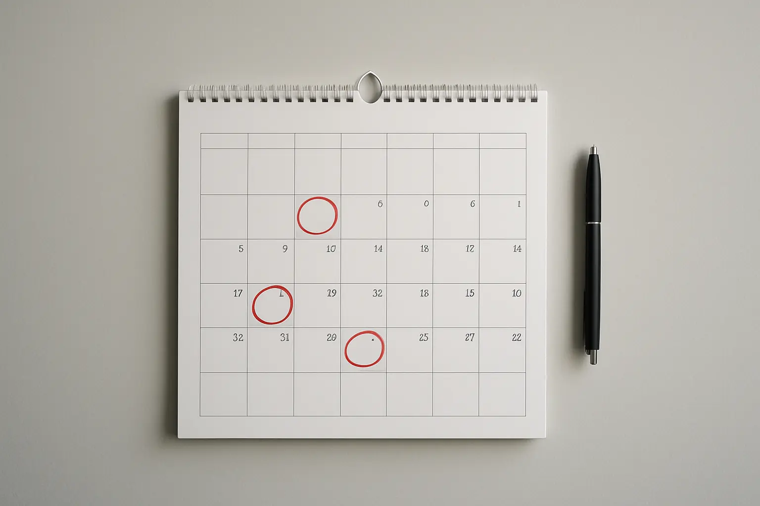 Calendario de parede com varias datas assinaladas a marcador