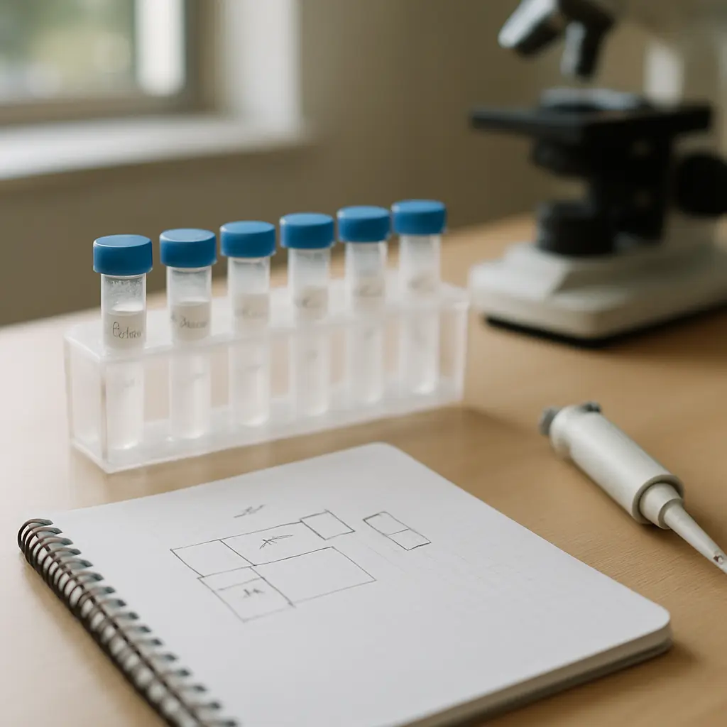 Bancada de laboratório de biologia com tubos de amostra em suporte, pipeta e caderno de laboratório