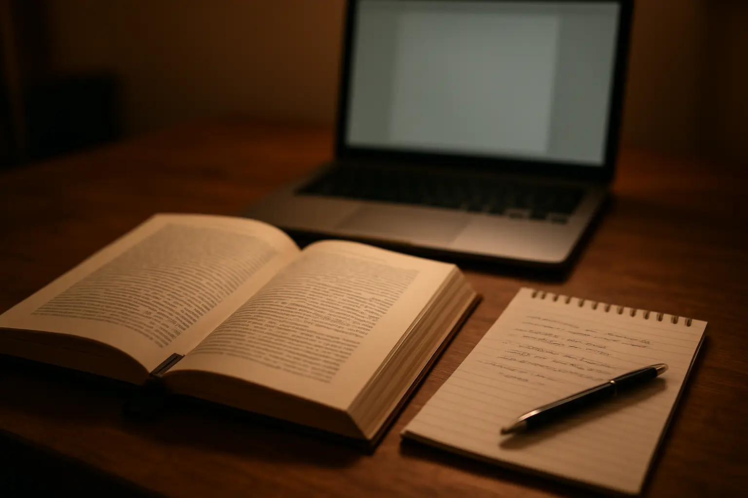 Livro académico em inglês aberto ao lado de apontamentos manuscritos e portátil
