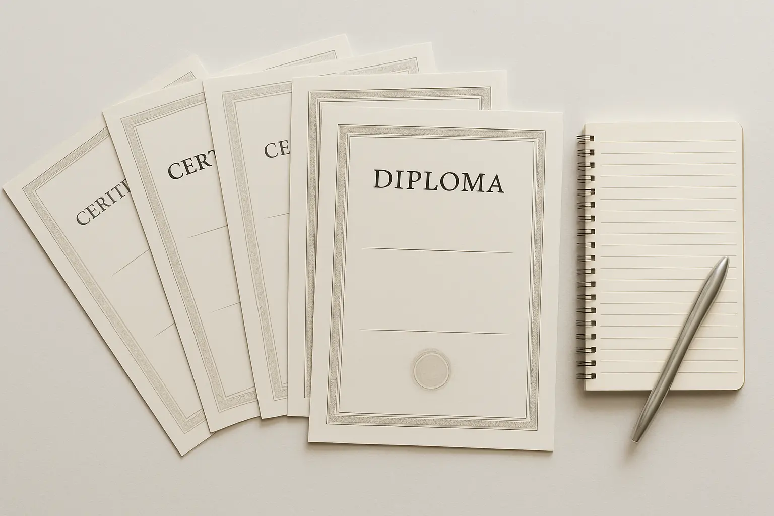 Varios certificados e diplomas dispostos sobre uma mesa ao lado de um caderno