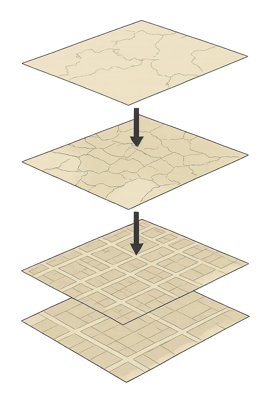 Camadas de mapa sobrepostas do país à subsecção estatística