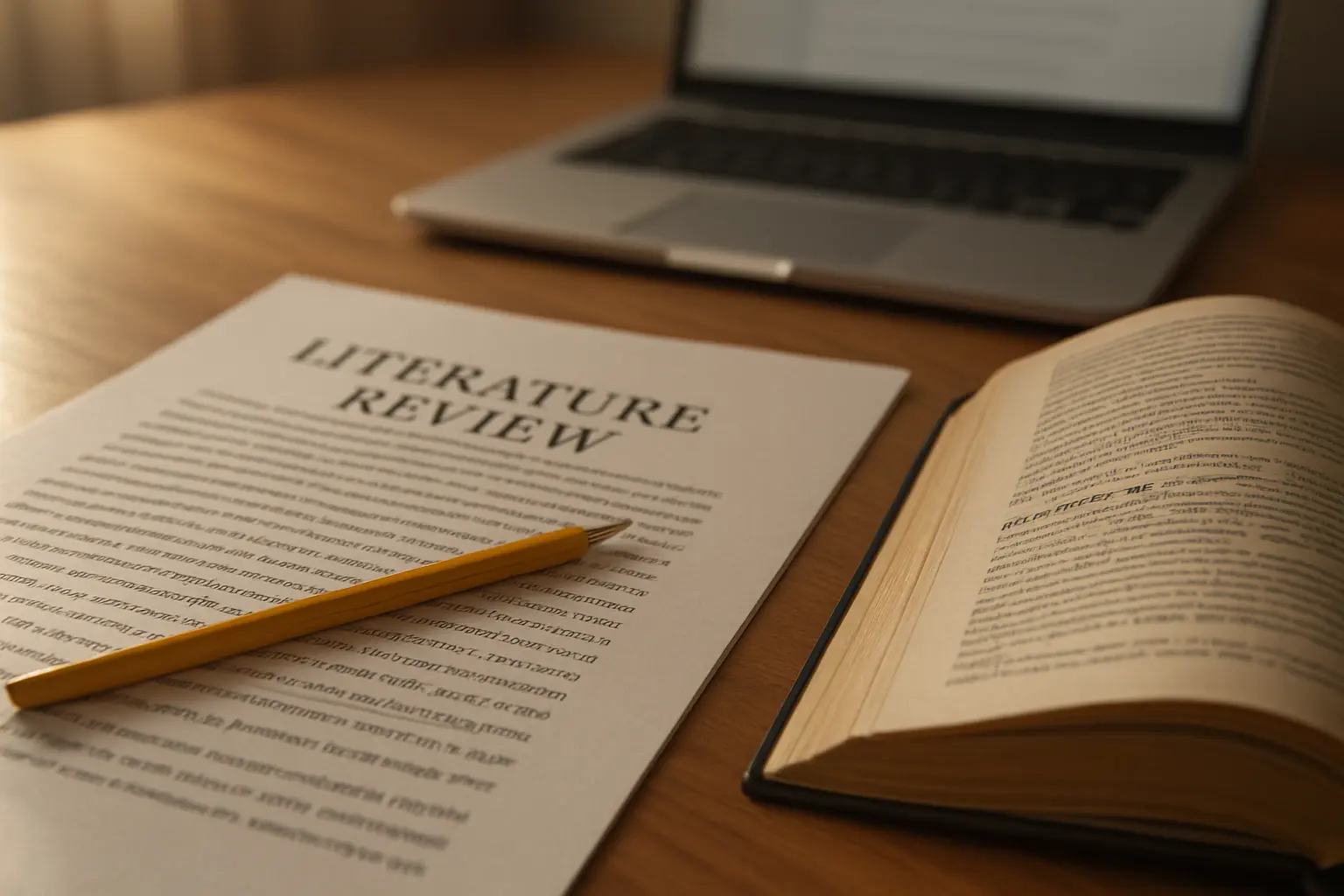 Capítulo de revisão de literatura impresso com verbos assinalados a lápis e um dicionário aberto