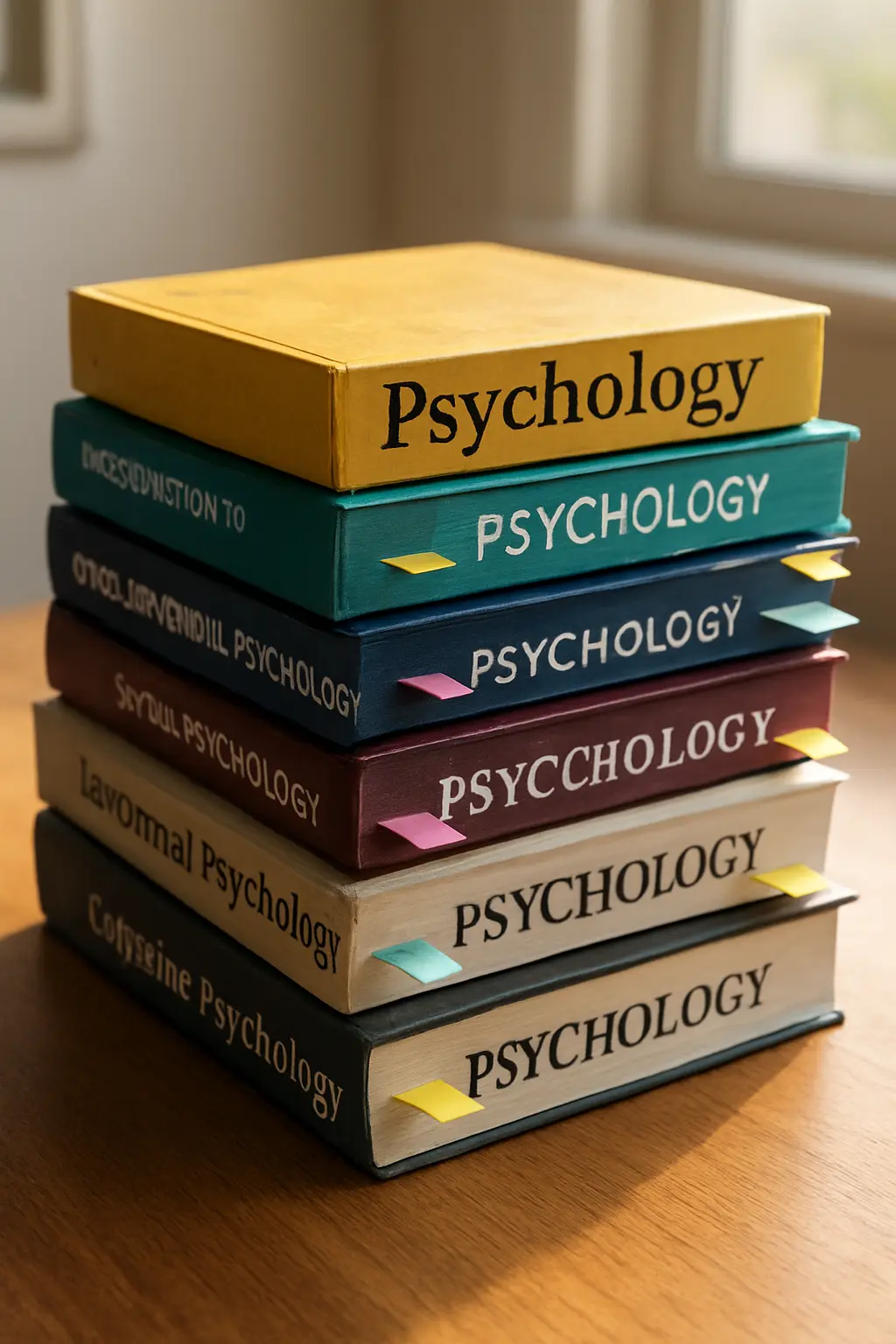 Livros de psicologia empilhados com notas adesivas coloridas sobre uma secretária